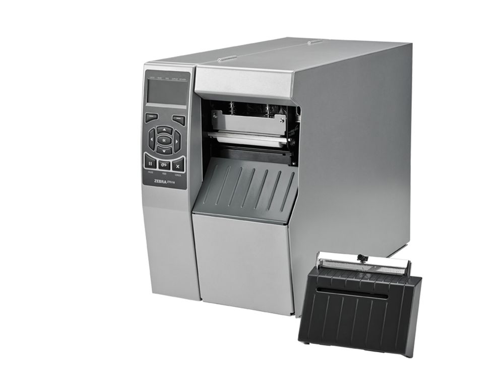 Zebra ZT510 etikettenprinter voorzijde links met snijmes