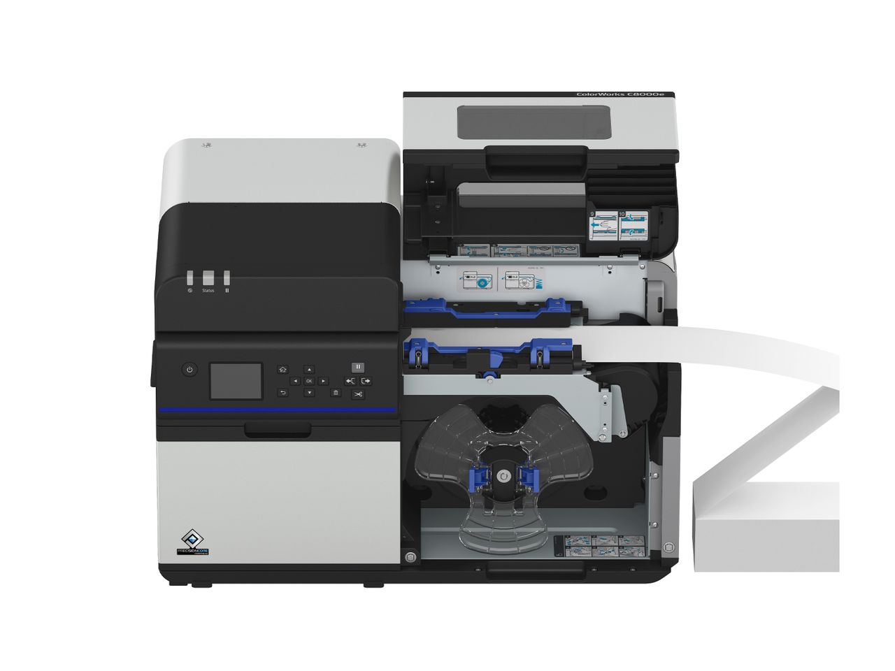 Kleurenetikettenprinter Epson ColorWorks C8000e afdekking open met kettingpapier