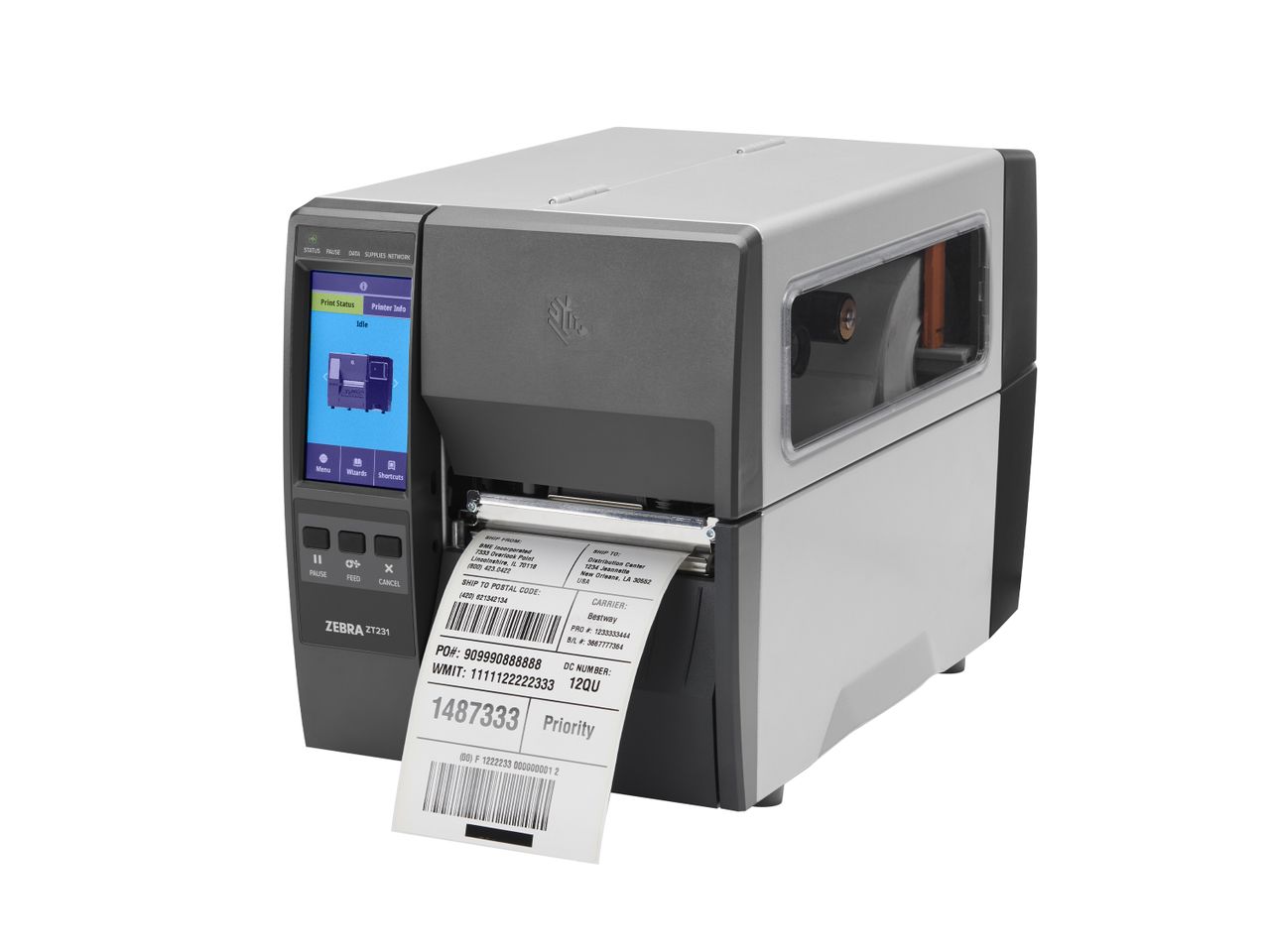 Zebra ZT231 etikettenprinter voorzijde links met etiket
