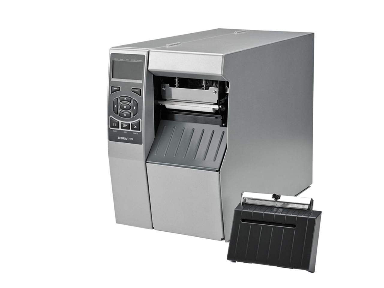 Zebra ZT510 etikettenprinter voorzijde links met snijmes