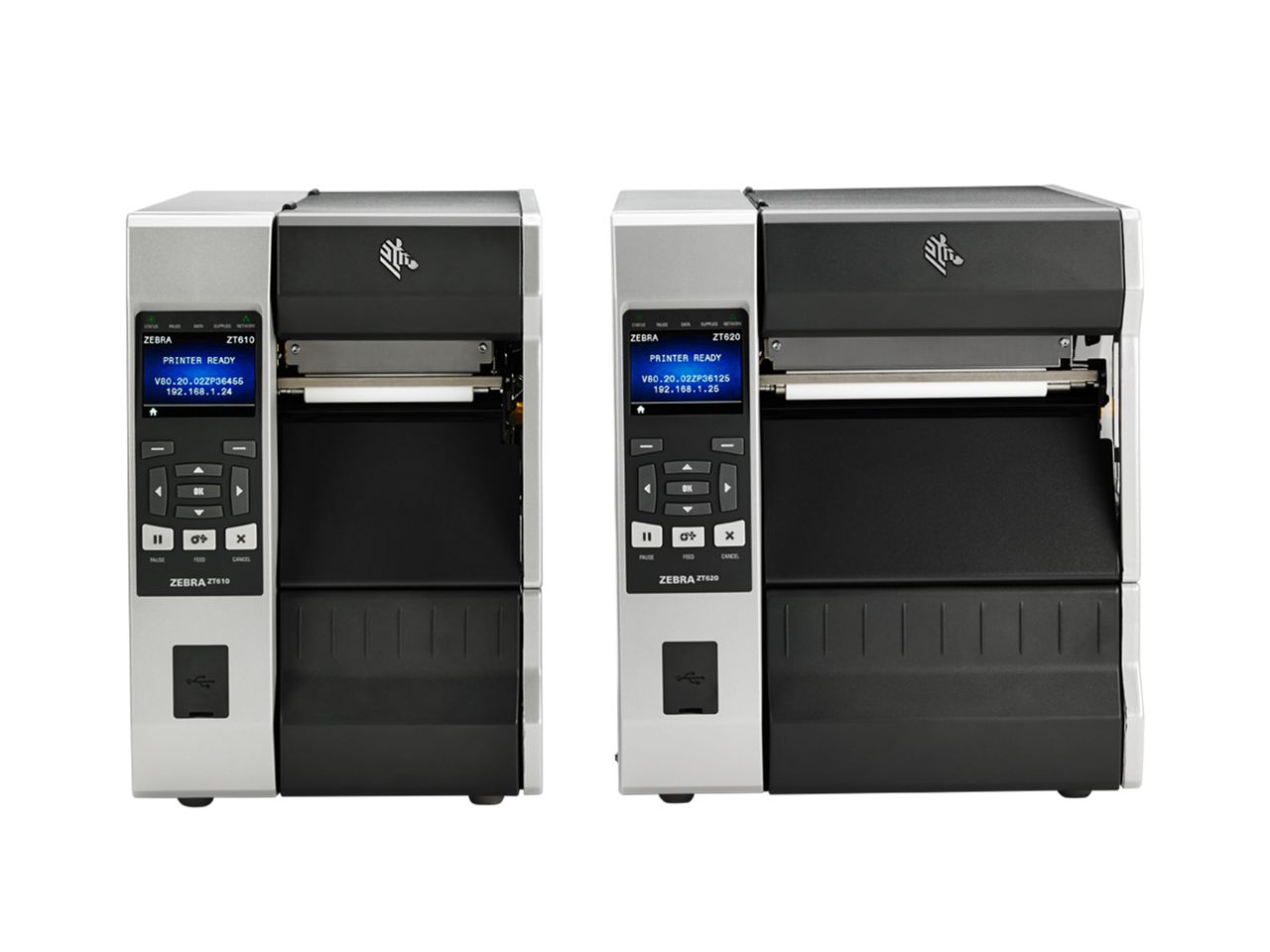 Zebra ZT610 en ZT620 etikettenprinters voorzijde naast elkaar