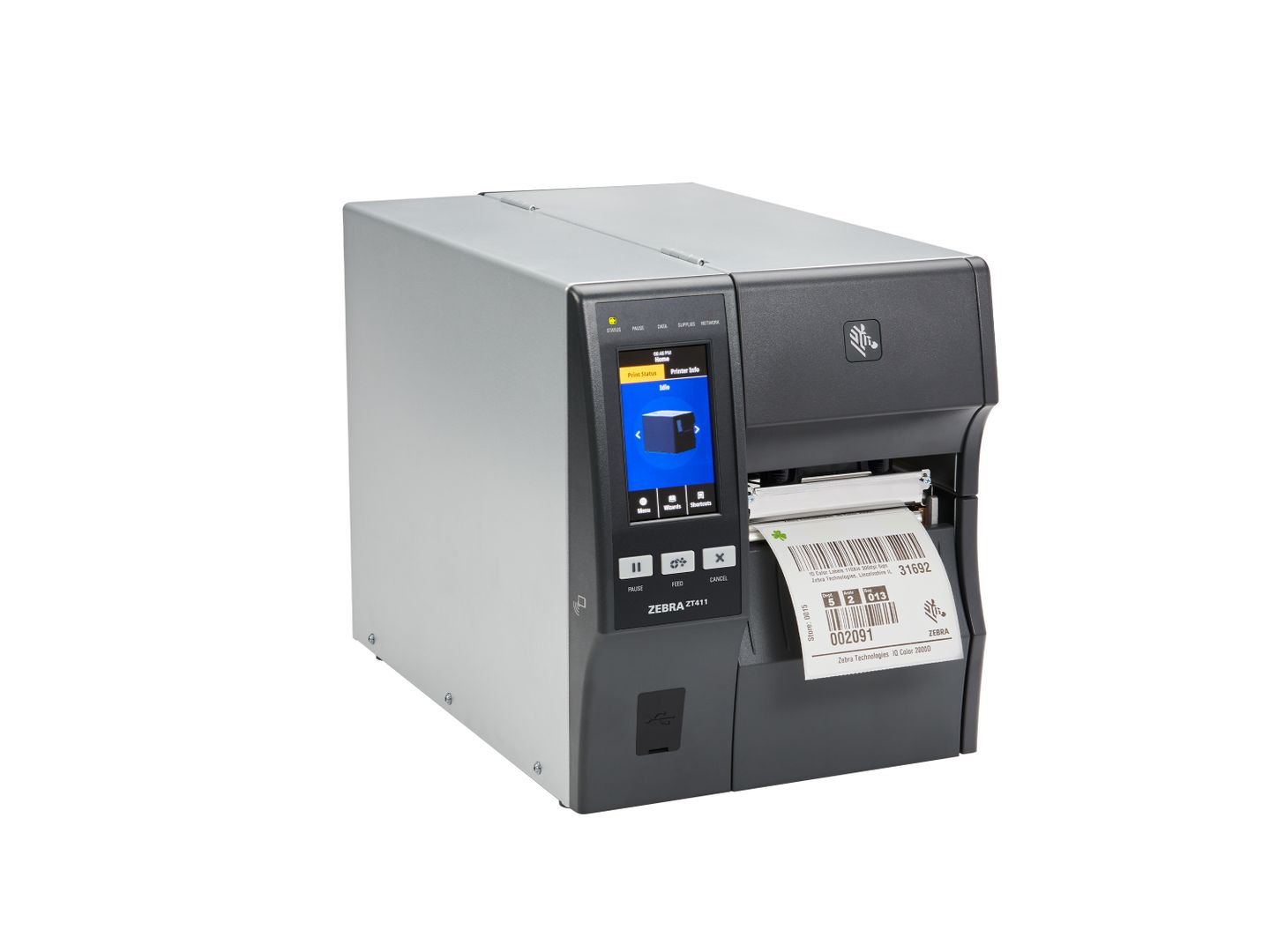 Zebra ZT411 etikettenprinter voorzijde rechts met etiket