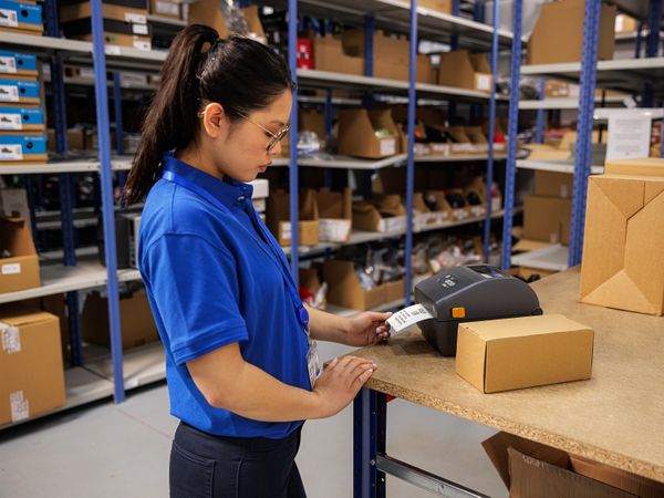 Zebra ZD421 printer in een magazijn in een winkel