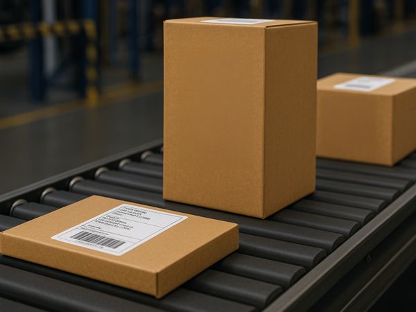 Kartonnen dozen van verschillende hoogtes met verzendetiketten