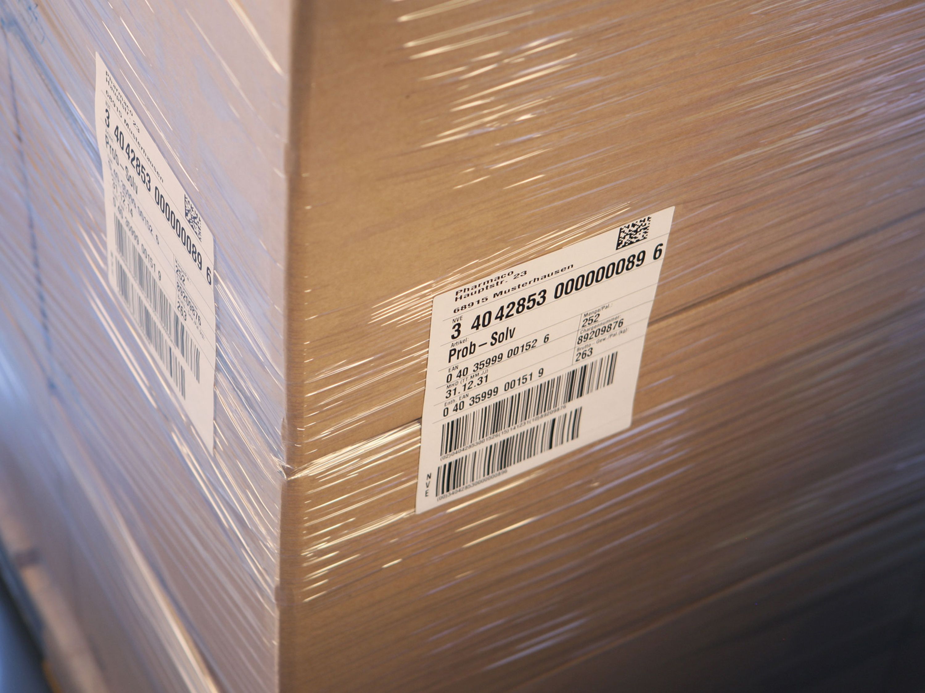 Tweezijdige etikettering op in folie verpakte pallet met kartonnen dozen