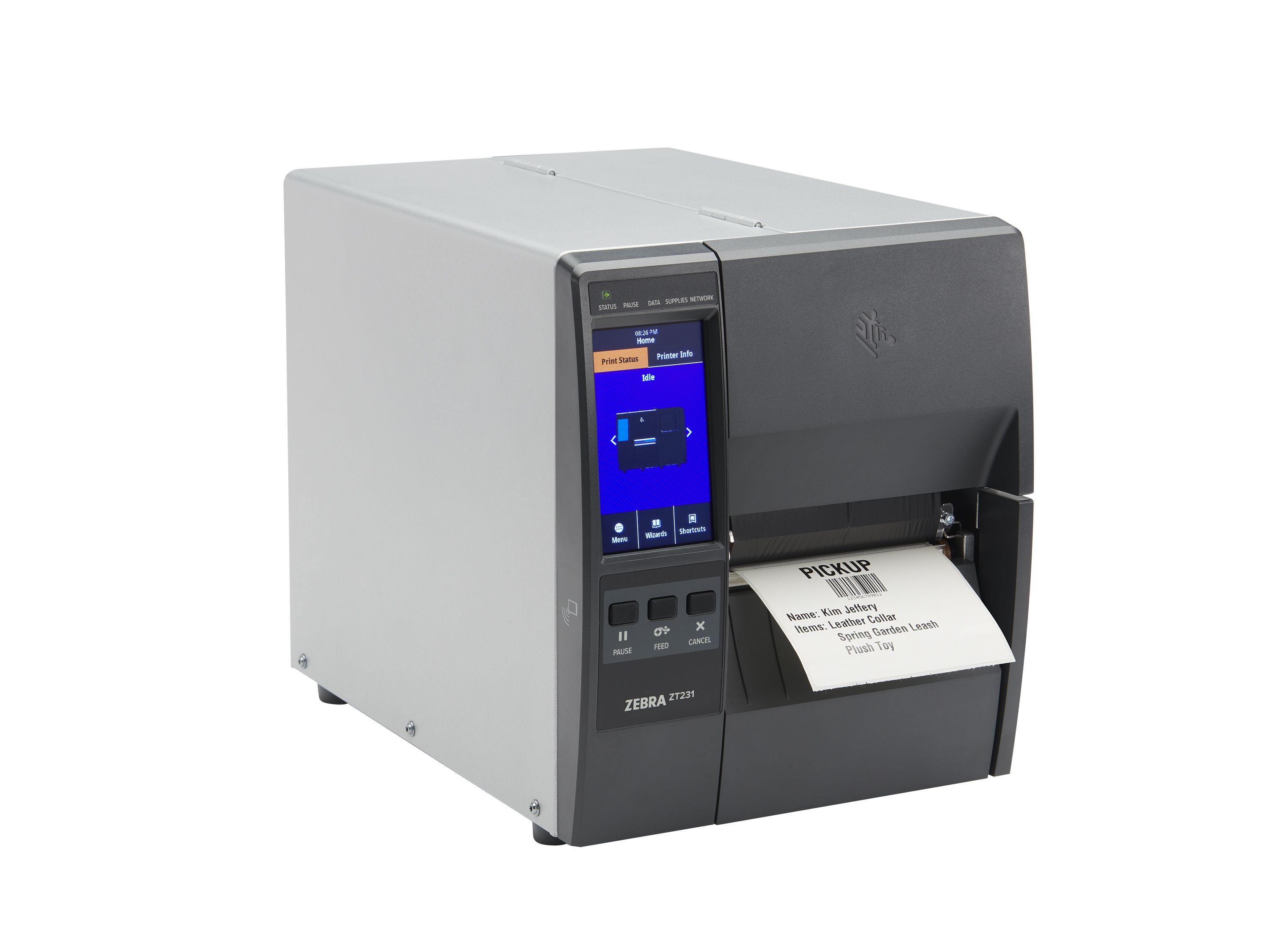 Zebra ZT231 etikettenprinter voorzijde rechts met etiket