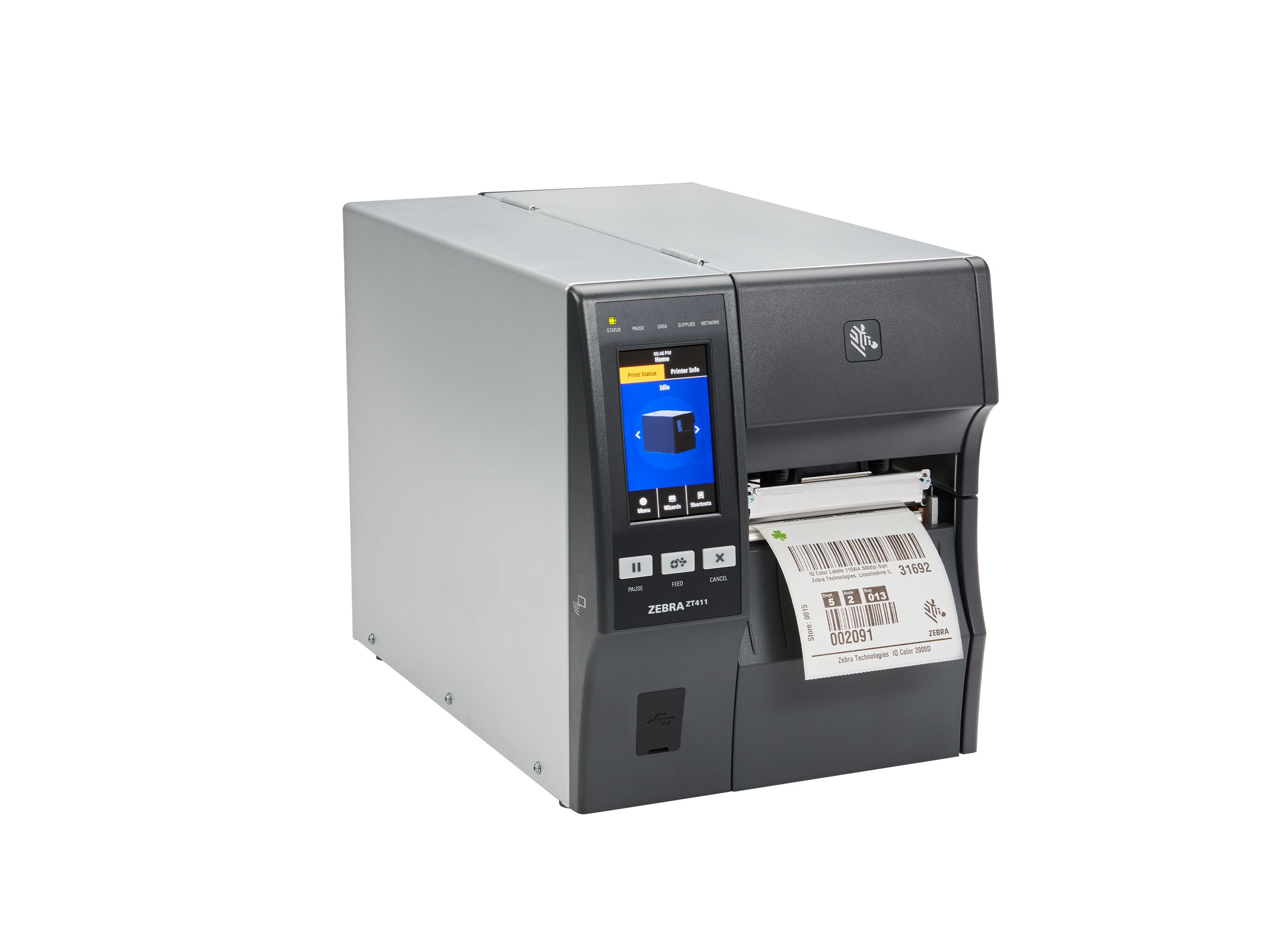 Zebra ZT411 etikettenprinter voorzijde rechts met etiket
