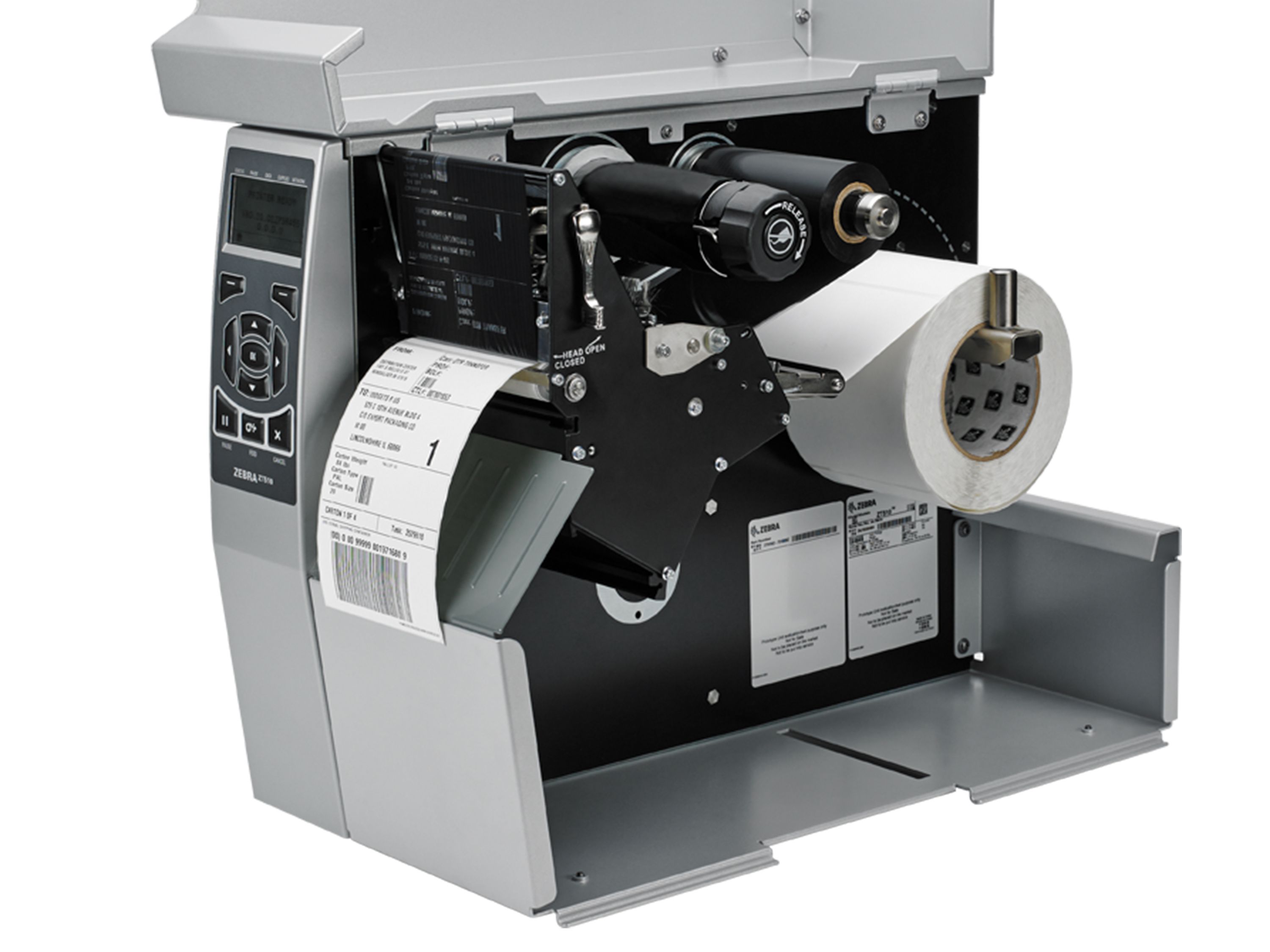 Zebra ZT510-etikettenprinter geopend met geplaatst thermische overdrachtsfolie