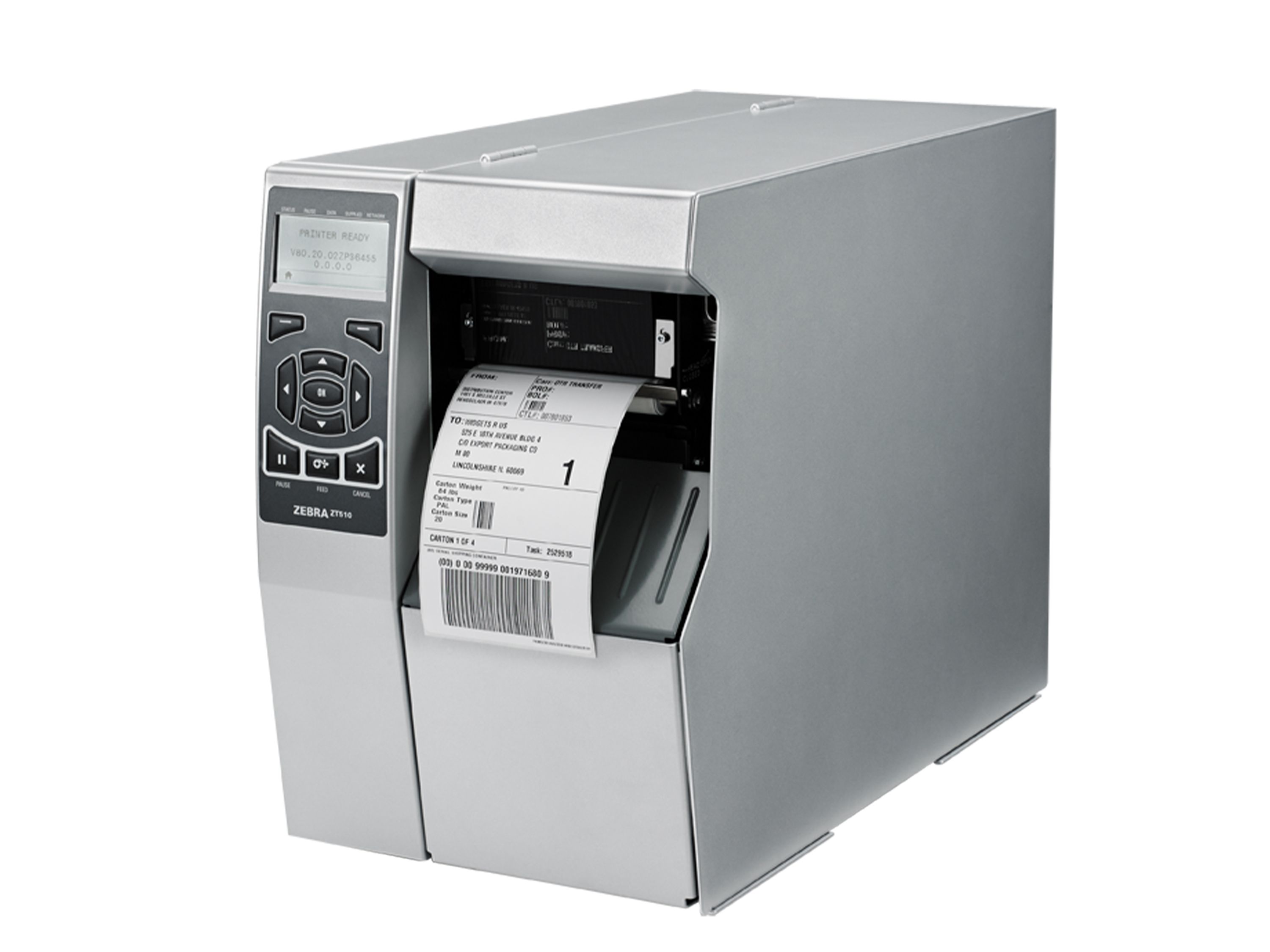 Zebra ZT510 etikettenprinter voorzijde links met etiket