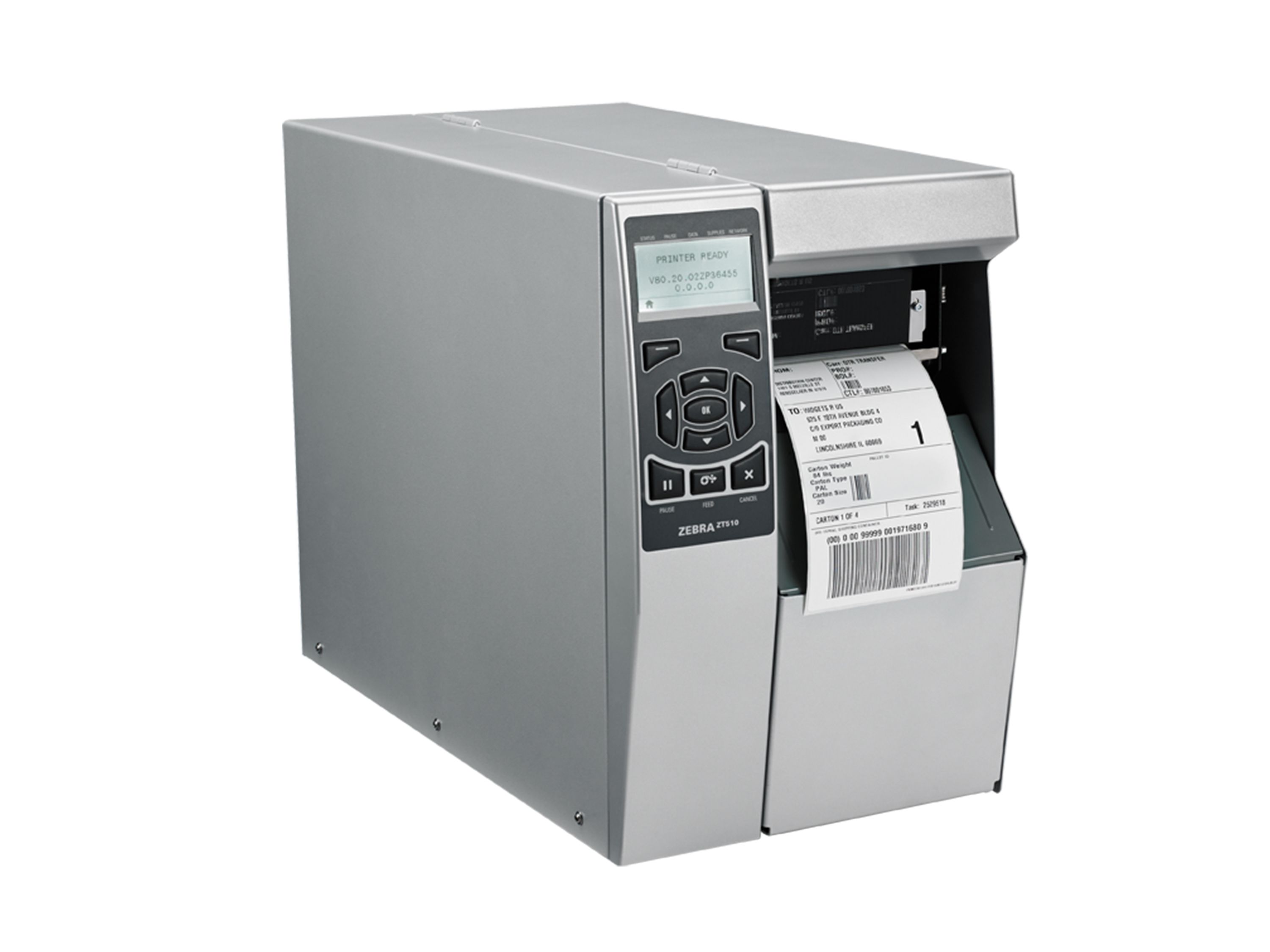 Zebra ZT510 etikettenprinter voorzijde rechts met etiket