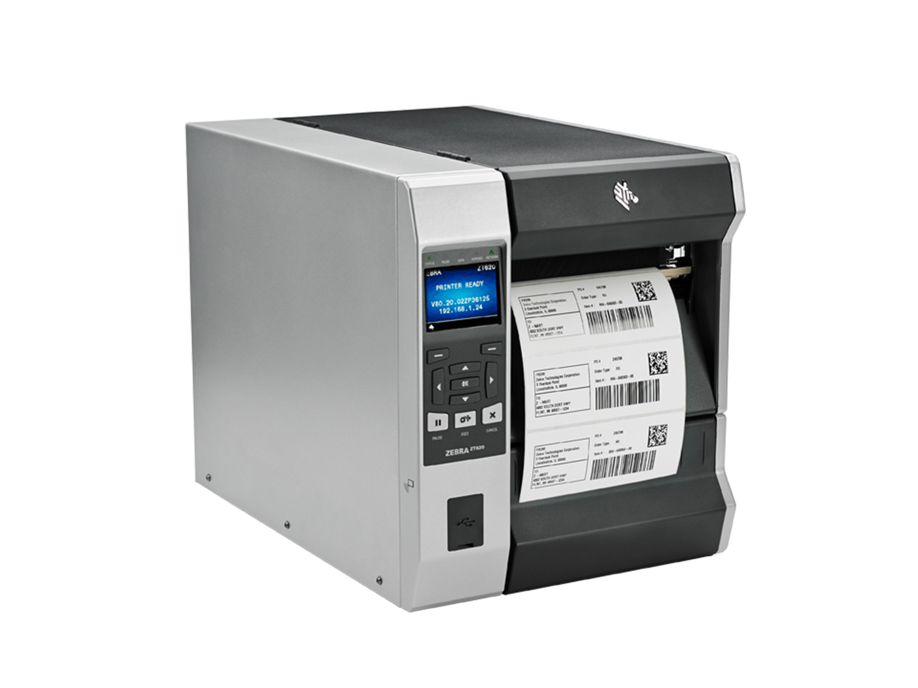 Zebra ZT620 etikettenprinter voorzijde rechts met etiket