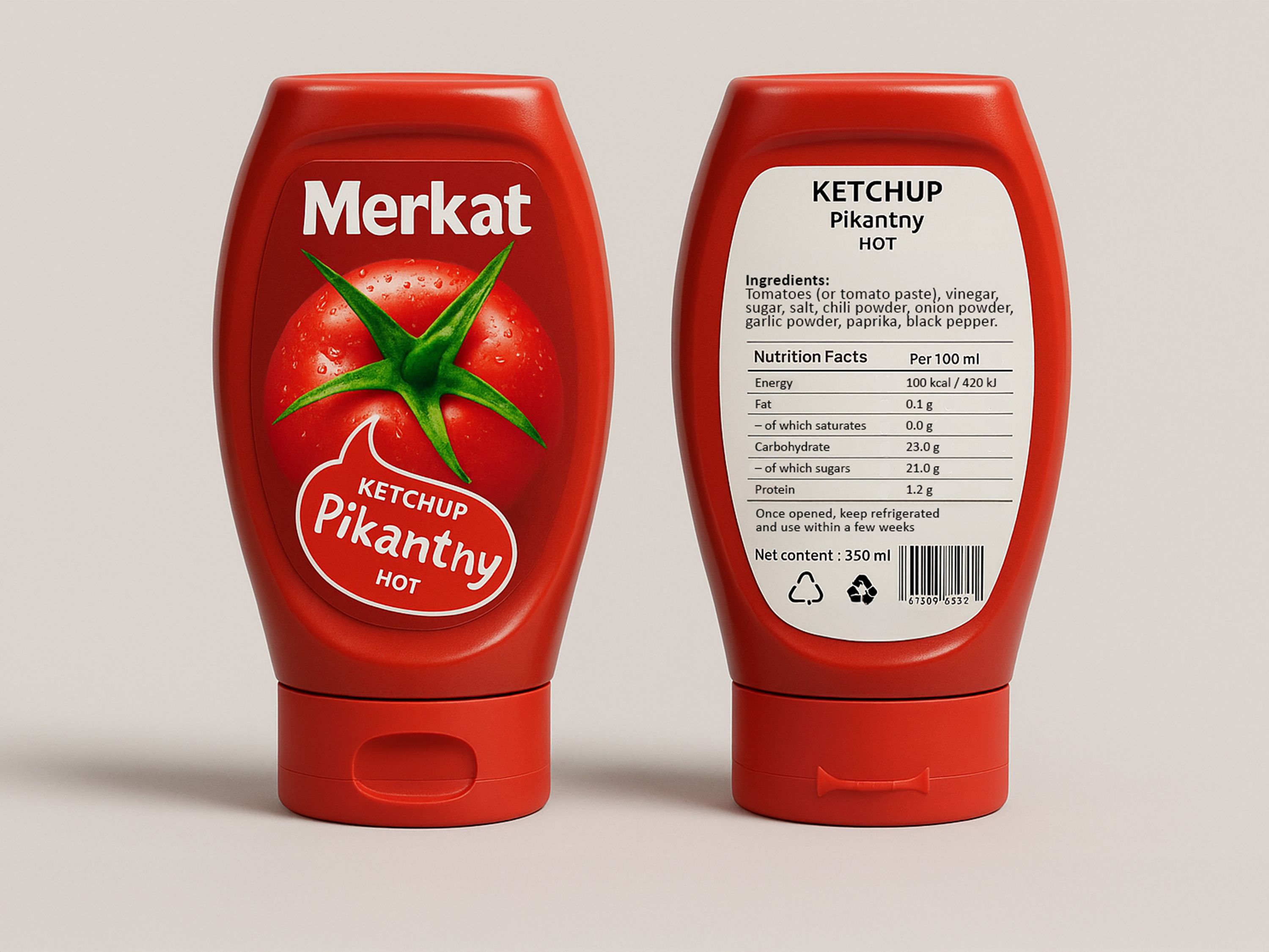 Etiketteersysteem Geset 214 etiketteert dubbelzijdig op plastic ketchupfles